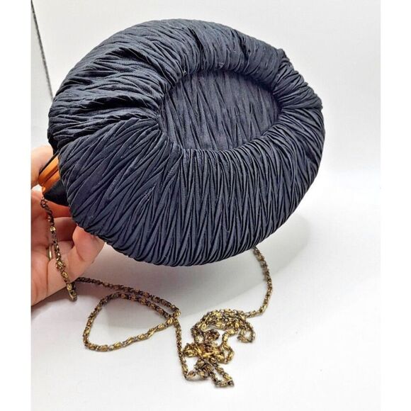 Shals Vintage Black Peau de Soie Clutch Pleated Evening Bag w Chain Strap - Picture 3 of 8